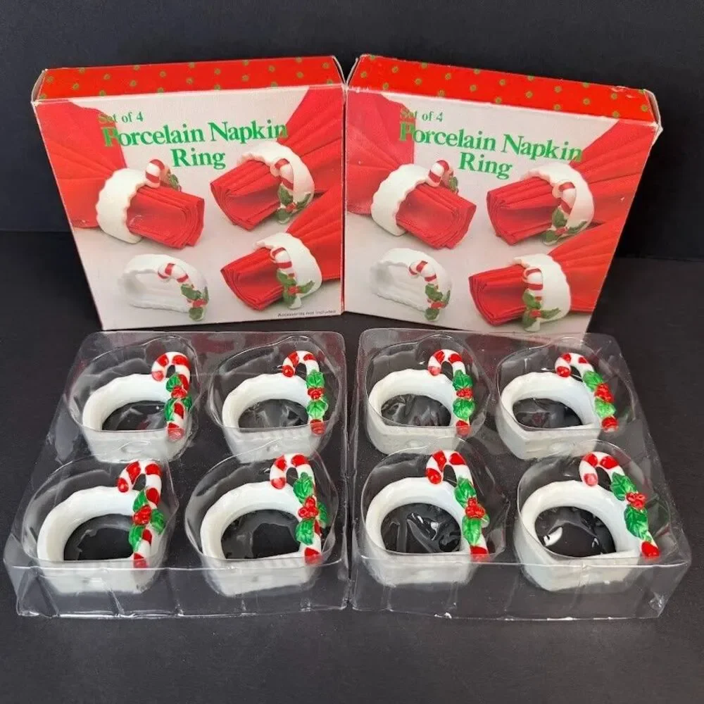 8 Vintage Porcelain Candy Cane Christmas Napkin Rings with Boxes